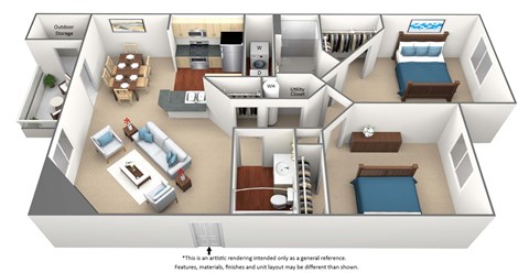 Floor plan for 2 beds, 2 baths, 980 sqft
